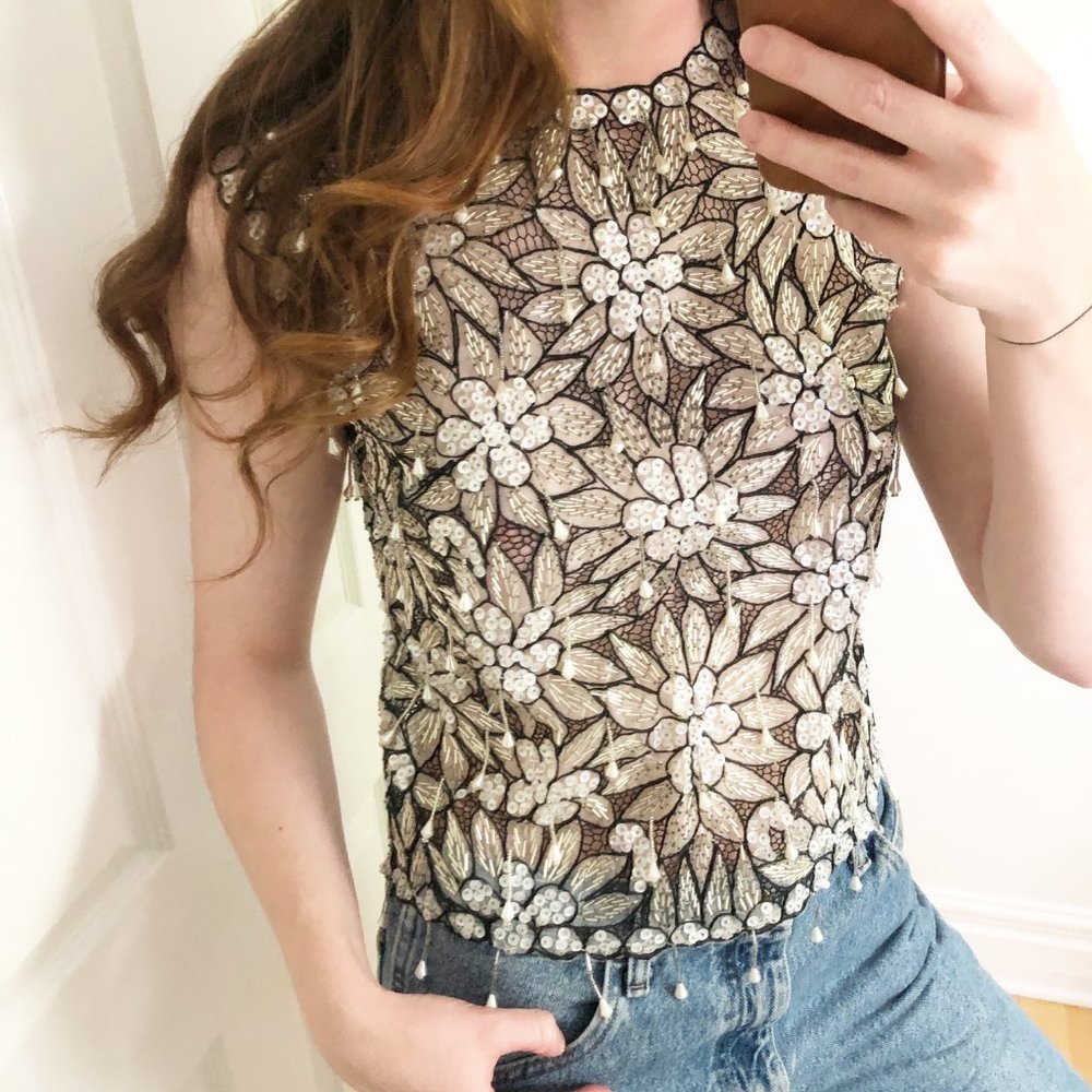 Stunning Vintage Art Deco Hand Beaded Floral Top - Picture 3 of 7